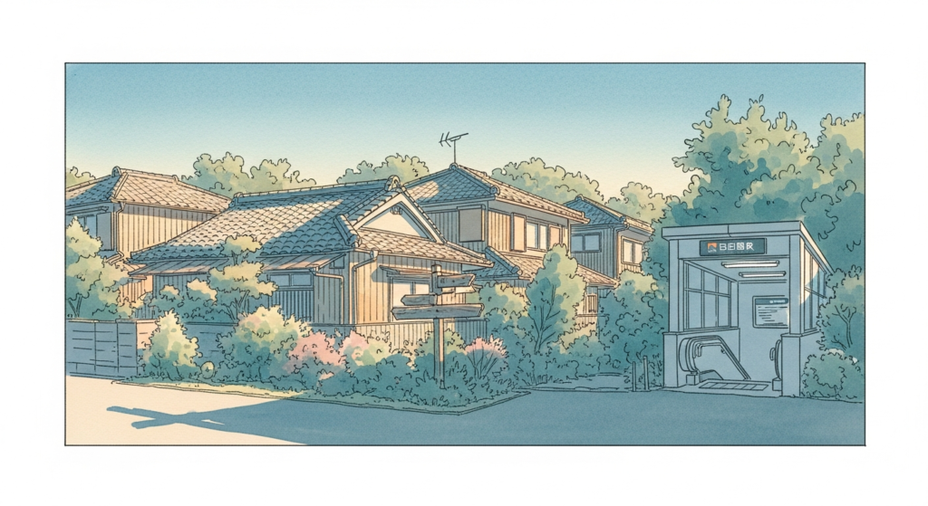 福岡市早良区・次郎丸駅周辺の住宅街イラスト(伝統的な戸建てと駅入口・水彩タッチ)