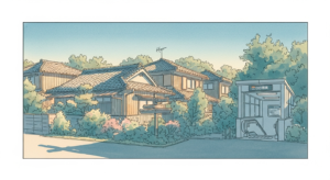 福岡市早良区・次郎丸駅周辺の住宅街イラスト(伝統的な戸建てと駅入口・水彩タッチ)