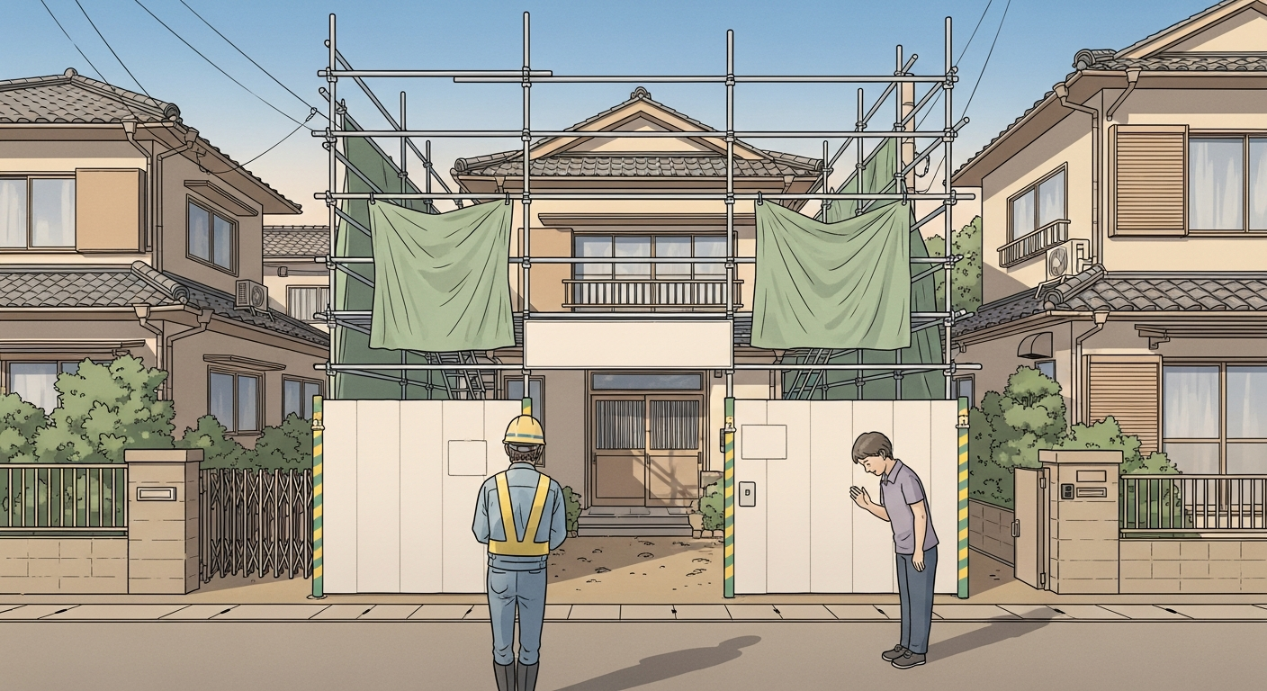 福岡市早良区賀茂の住宅街での解体工事の準備風景