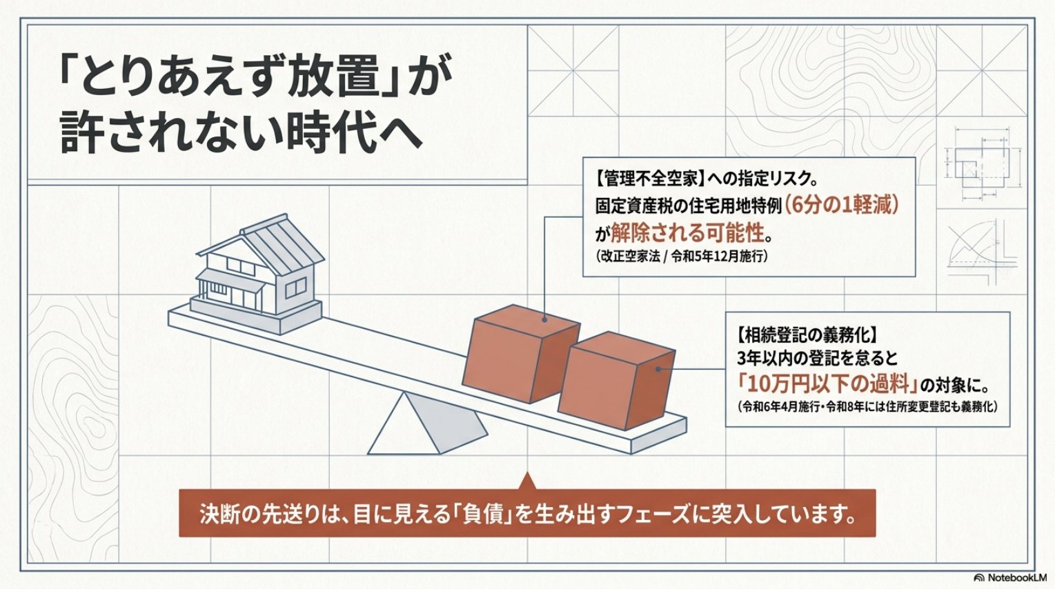 改正空家法と相続登記義務化により、空き家を放置するコストが発生することを表した図
