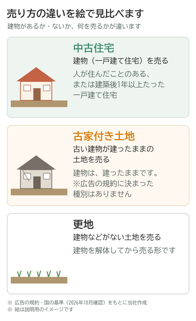 中古住宅・古家付き土地・更地の違いを絵で見比べる図。中古住宅は、人が住んだことのある、または建築後1年以上たった一戸建て住宅（建物）を売る。古家付き土地は、古い建物が建ったままの土地を売る。広告の規約に決まった種別はない。更地は、建物などがない土地を売る形で、建物を解体してから売る。