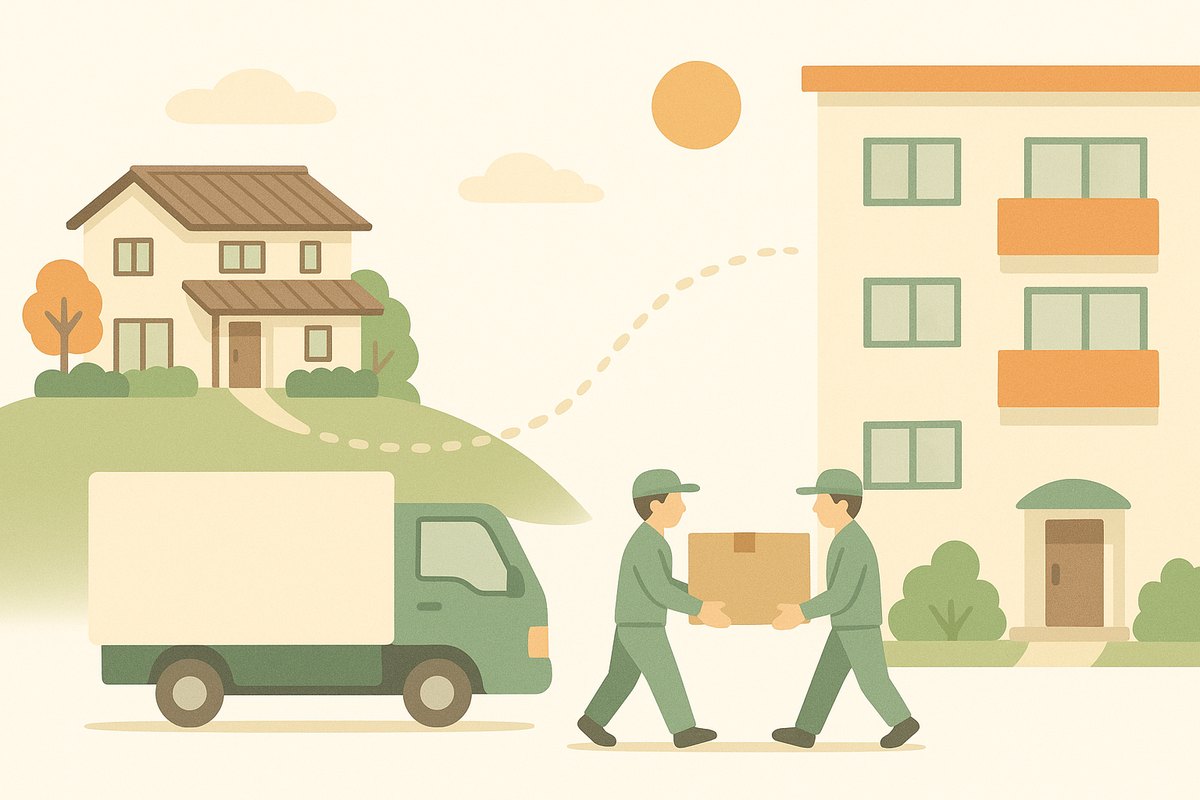 住み慣れた一戸建てから、次の住まいへ落ち着いて引っ越すようすのイラスト