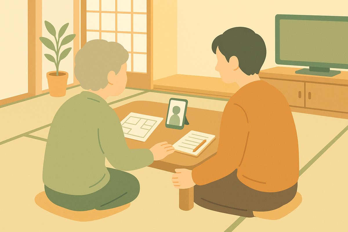 親子が間取り図とメモを見ながら、離れて暮らす家族とビデオ通話で話すイラスト