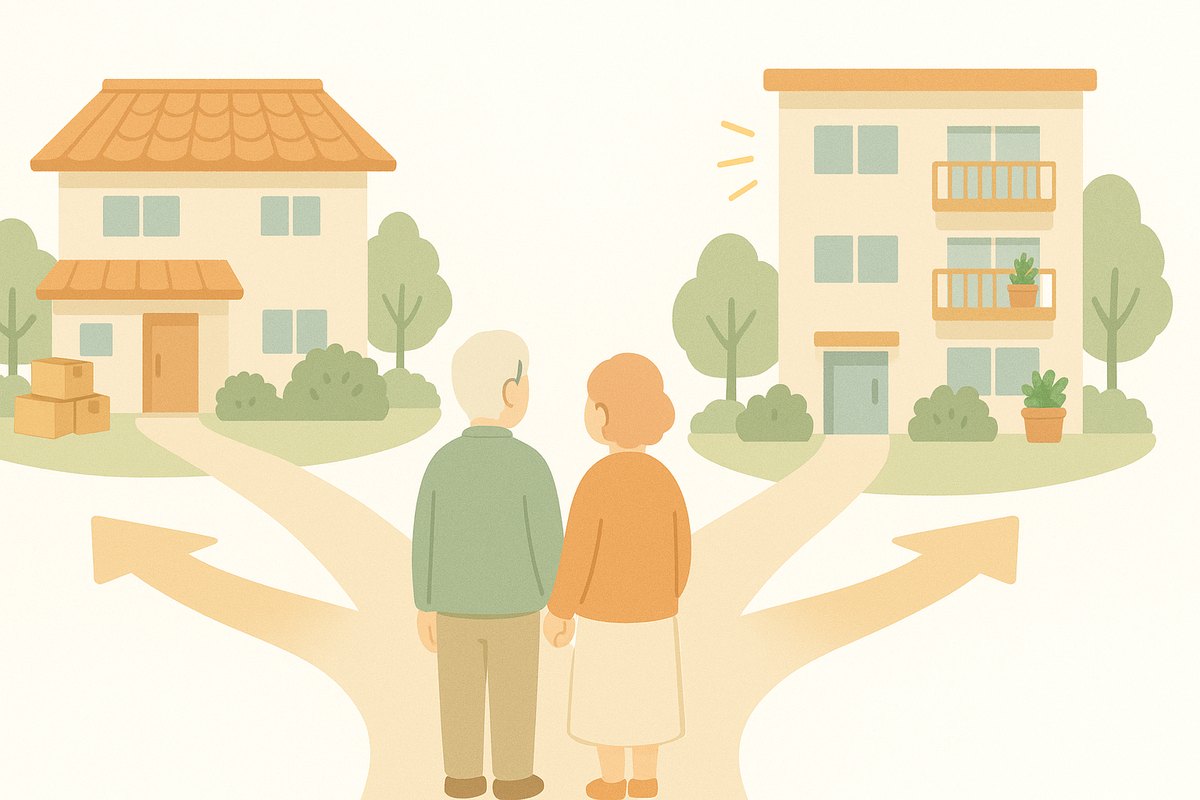 住み慣れた一戸建てと次の住まいのマンションへ分かれる道の前に立つご夫婦のイラスト